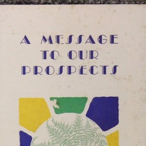 May include: A vintage advertisement for Consolidated Royale Fernaries, featuring a fern in a colorful geometric design. The text reads "A Message to Our Prospects" and "Conducted By Wright, Stevens & Co. Incorporated DeLand, Florida."
