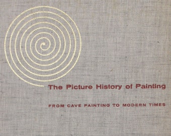 May include: The cover of a book titled "The Picture History of Painting: From Cave Painting to Modern Times". The cover is a light beige color with a gold spiral design in the center. The title is in red text.