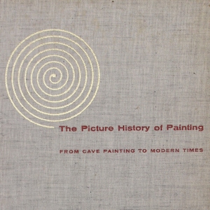 May include: The cover of a book titled "The Picture History of Painting: From Cave Painting to Modern Times". The cover is a light beige color with a gold spiral design in the center. The title is in red text.