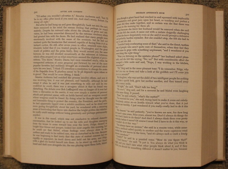 Op de afbeelding: Een open boek met een cr&egrave;mekleurige kaft en zwarte tekst. Het boek is open op pagina 313 en 314. De tekst op de pagina's gaat over een gesprek tussen twee mensen. De tekst op de linkerpagina gaat over een man die kalm en rustig is, terwijl de tekst op de rechterpagina over een vrouw gaat die emotioneler is.