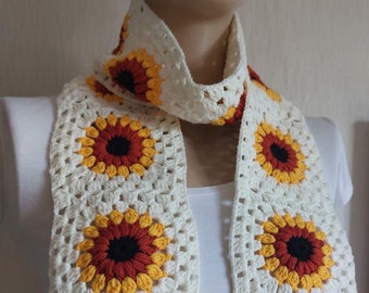 Winter Scarf - Granny Square Scarf- Ecru Scarf - Crochet Shawl - Sunflower Crochet Scarf - Crochet Accessory - Gift for Her - Bohemian Scarf