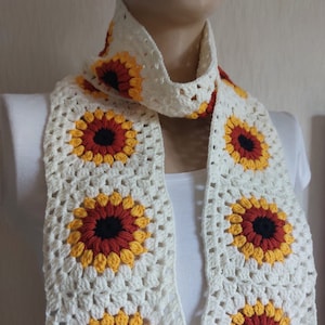 Winter Scarf - Granny Square Scarf- Ecru Scarf - Crochet Shawl - Sunflower Crochet Scarf - Crochet Accessory - Gift for Her - Bohemian Scarf