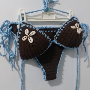 crochet bikini set,  Brown bikini,  Sea Shells bikini, women swimwear, shell necklace with gift, crochet bikini swimsuit