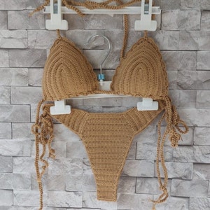 crochet bikini set, Tan Brown bikini, (color 369), Sea Shells bikini, women swimwear, shell necklace with gift, crochet bikini swimsuit