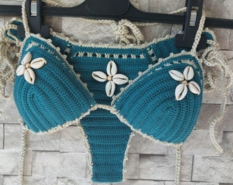 Gehaakte bikiniset, groene bikini (kleur 453), Sea Shells-bikini, badmode dames, schelpketting met cadeau, gehaakt bikinibadpak