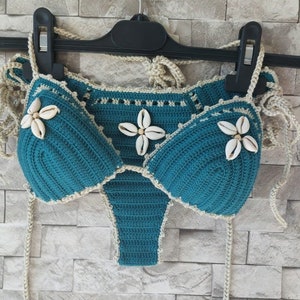 crochet bikini set,  green bikini, (color 453), Sea Shells bikini, women swimwear, shell necklace with gift, crochet bikini swimsuit