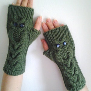 Könnte beinhalten: Ein Paar grüne Fingerlose Handschuhe mit Eulenmotiven und blauen Knopfaugen.