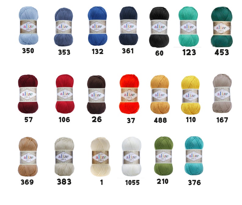May include: A collection of 18 skeins of yarn in various colors, including blue, red, brown, orange, yellow, beige, green, and teal. Each skein is labeled "Alize Diva" with a corresponding number.