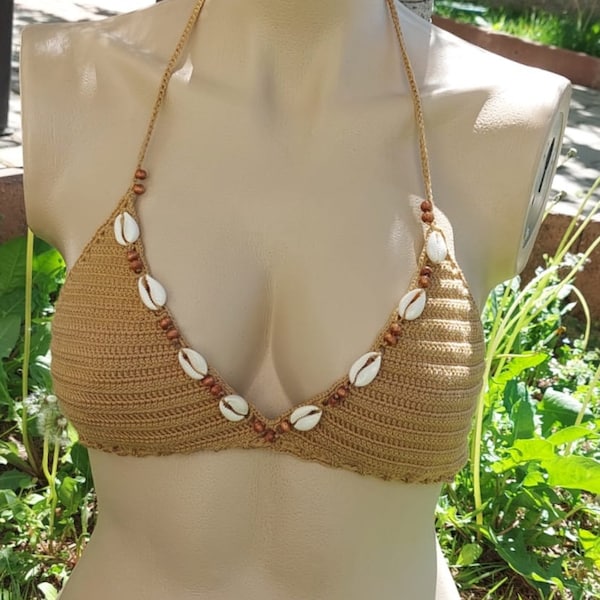 crochet bikini set, Tan Brown bikini, (color 369), Sea Shells bikini, women swimwear, shell necklace with gift, crochet bikini swimsuit