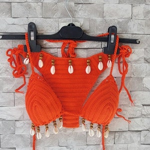 crochet bikini set,  orange bikini, (color 37), Sea Shells bikini, women swimwear, shell necklace with gift, crochet bikini swimsuit