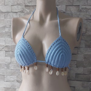 gehäkelte Bikinioberteil, blauer Bikini, (Farbe 350), Muschelkette mit Geschenk, gehäkelter Bikini-Badeanzug, Muschelkette mit Geschenk