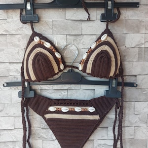 crochet bikini set,  brown bikini, (color 26), Sea Shells bikini, women swimwear, shell necklace with gift, crochet bikini swimsuit
