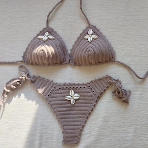 crochet bikini set,  brown bikini, (color 167), Sea Shells bikini, women swimwear, shell necklace with gift, crochet bikini swimsuit