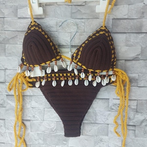 crochet bikini set,  brown bikini, (color 26), Sea Shells bikini, women swimwear, shell necklace with gift, crochet bikini swimsuit