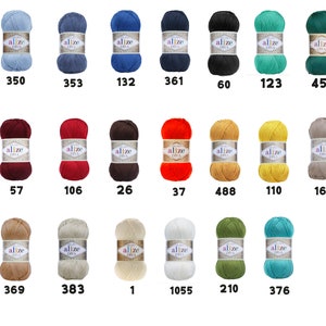 May include: A collection of 18 skeins of yarn in various colors, including blue, red, brown, orange, yellow, beige, green, and teal. Each skein is labeled "Alize Diva" with a corresponding number.