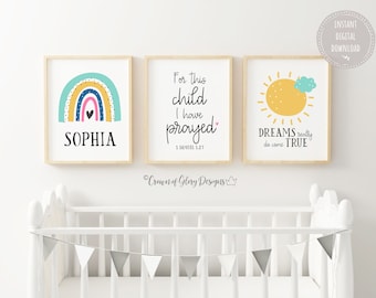 Rainbow Nursery Decor, Baby Girl Nursery, Personalized Nursery Art, Rainbow Baby, Nursery Printable Wall Art Set, New Baby