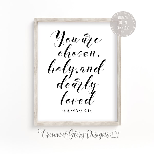 Colossians 3:12 Bible Verse Wall Art, Chosen Holy Dearly Loved Printable Wall Art, Rainbow Nursery Print, Bible Verse Quote, Scripture Sign