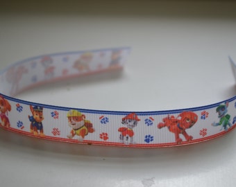 Paw Dogs Puppies 7/8 inch Chase Skye Rocky Zuma Rubble Boy Patrol All Pups Sitting Running Grosgrain Ribbon on White Background