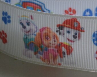 Paw Dog 7/8 inch Everest and Skye Grosgrain Ribbon White Patrol Background