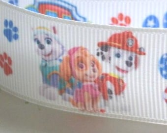Paw Dog Pups 7/8-inch Everest and Skye Puppies Mighty Patrol Grosgrain Ribbon White Background