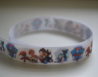 Paw Dog Pups 7/8-inch Boy and Puppies Sitting Laughing Patrol Grosgrain Ribbon White Background