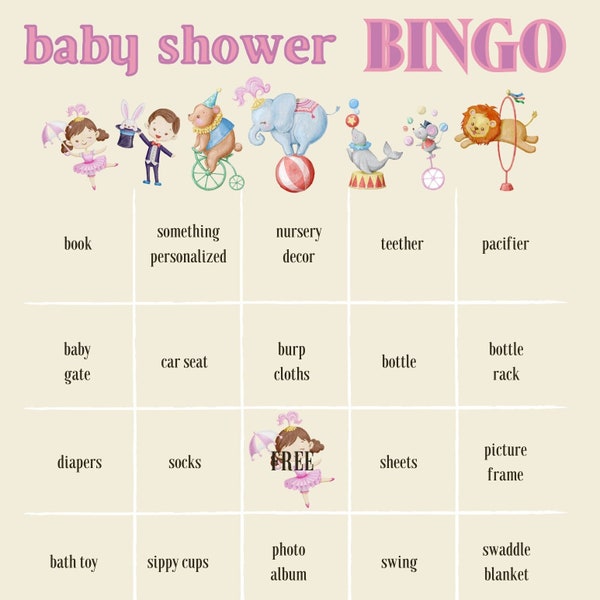 Greatest Baby Shower Bingo Show- Baby Girl Circus Bingo