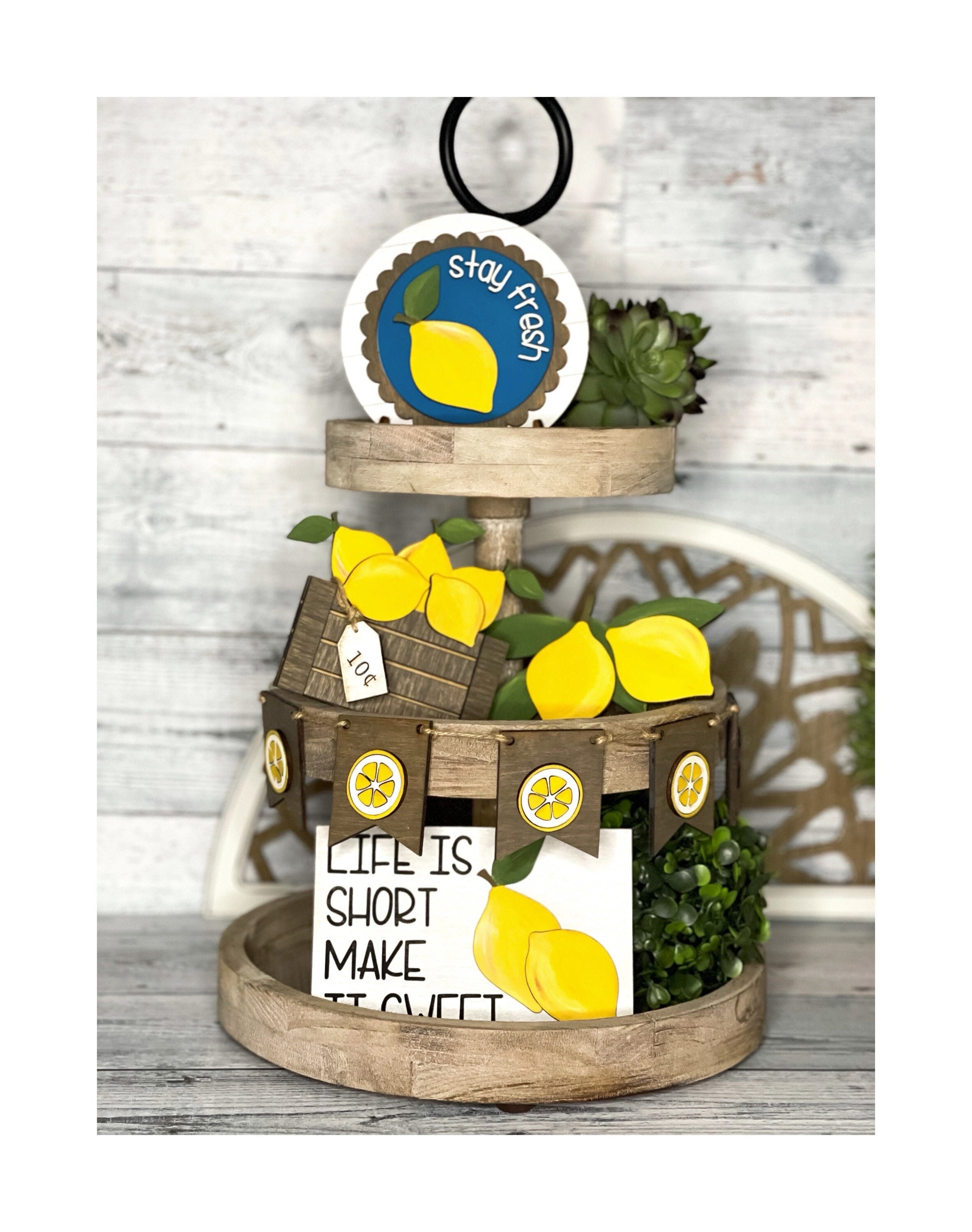 Lemon Themed Tiered Tray Set Lemon Decor Three Tier Tray Etsy