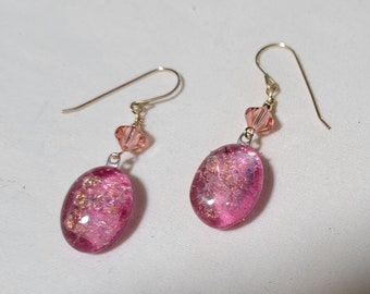 Oval Rose/Sienna Dichoic Glass, Austrian Crystal & 14K Gold Filled Earrings - g0777e23