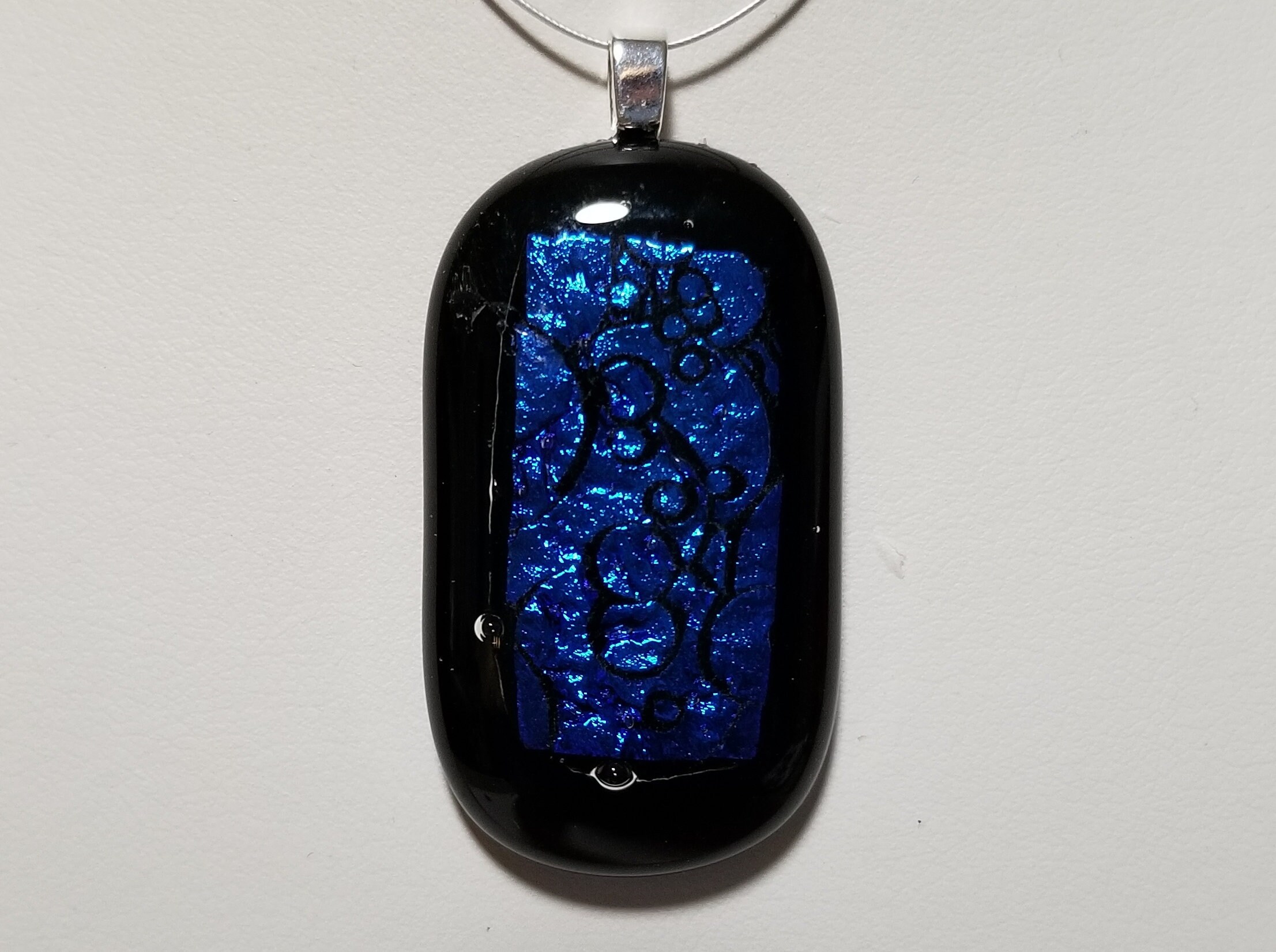 Blue on Black Dichroic Glass & Sterling Silver Pendant - G0531d34a