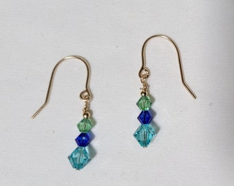 Aqua, Royal Blue & Peridot Crystal 14K Gold Filled Earrings - g0828e08