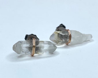 Crystal Earrings, Raw Gemstone Earrings Rose Gold Wire Wrapped Earrings, hypoallergenic titanium Post, Earrings for Women
