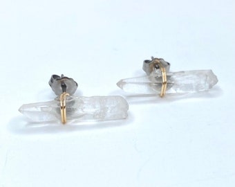 Quartz Earrings Studs, Crystal Stud Earrings, Gold Wire Wrapped Earrings, hypoallergenic titanium Post, Earrings for Women