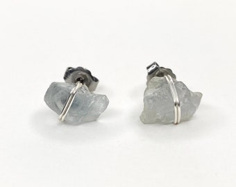 Natural Crystal Stud Earrings, Celestite Crystal Earrings Studs Raw Gemstone Earrings, Perfect Gift for Her, Silver Stud Earrings