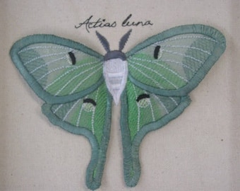 Puede incluir: Polilla luna verde bordada con el texto "Actias luna" encima.