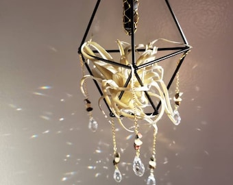 May include: A black metal geometric planter with a hanging air plant and crystal accents. The planter is suspended from the ceiling and has a black crystal hanging from the top.