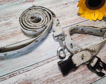 Gray Bee Dog Collar and Leash - MULTIPLE SIZES AVAILABLE