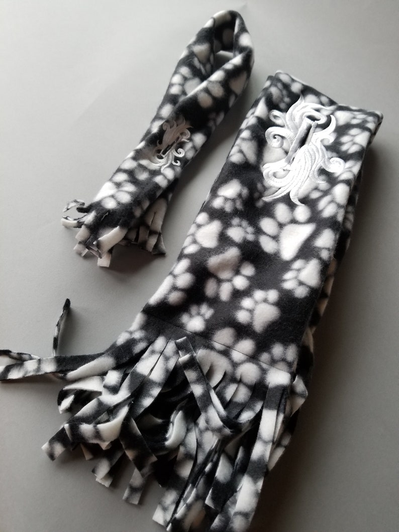 Human and Dog set or individually Paw Print Black and White Fleece Scarf with Embroidered accent