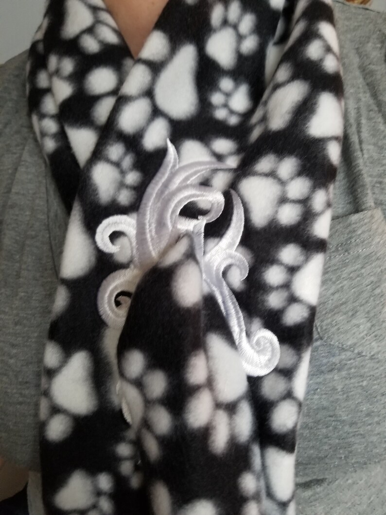 Human and Dog set or individually Paw Print Black and White Fleece Scarf with Embroidered accent