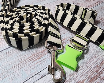 Beetlejuice Inspired Black and White Stripes with Lime Accents Collar and Leash - MULTIPLE SIZES AVAILABLE
