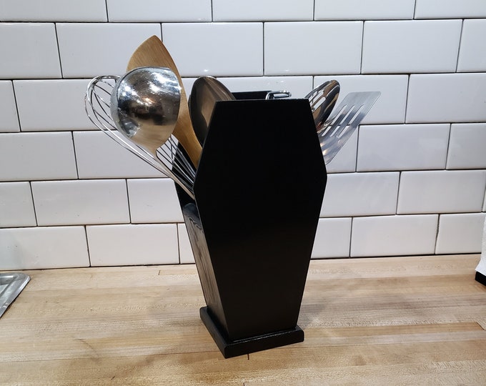 Wooden Urn Coffin Kitchen Utensil Holder Gothic Goth Horror Graveyard