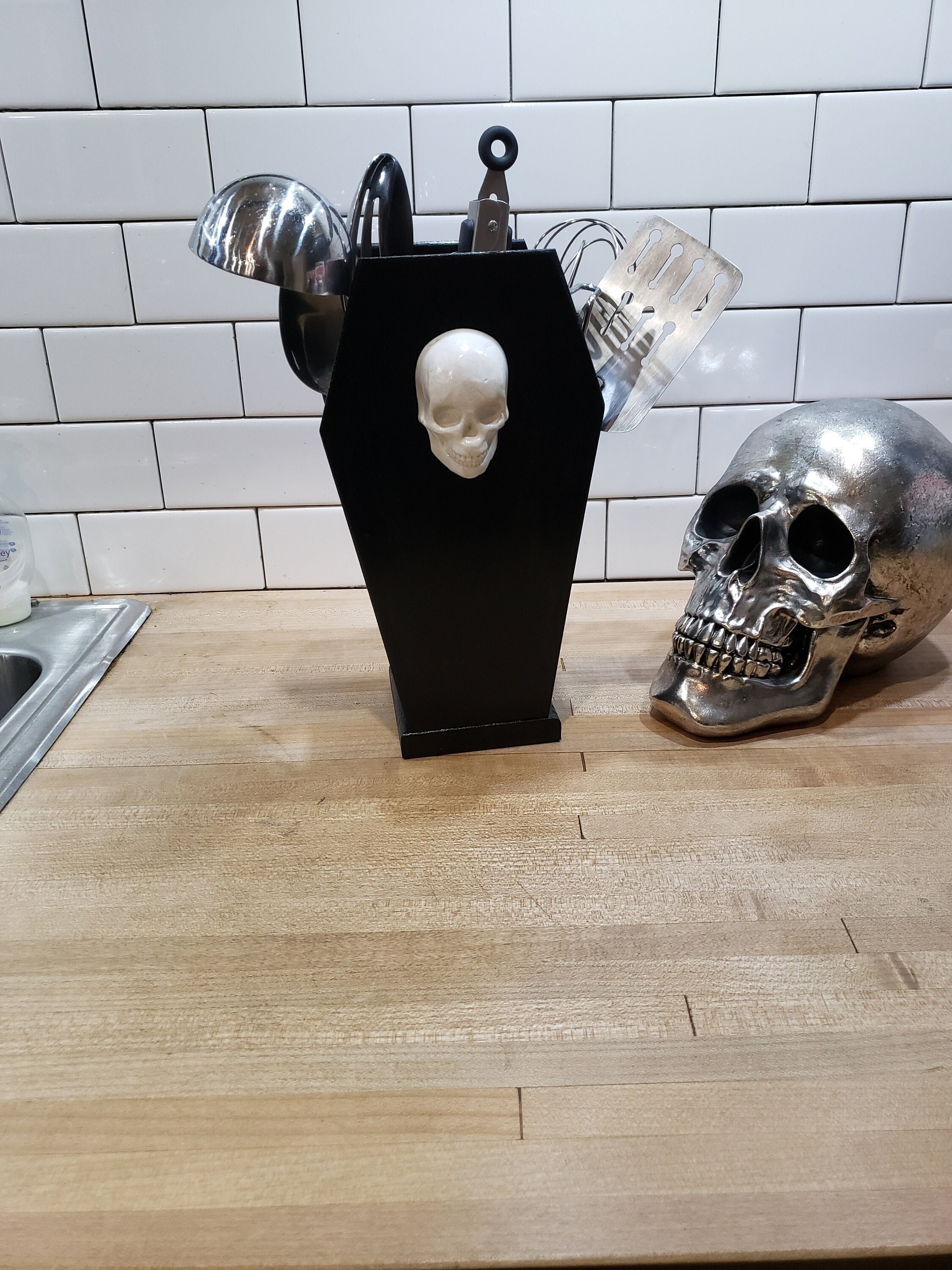 White Skull Kitchen Knife Block Available With or Without Knives Solid  Hardwood Goth Creepy Gothic Knife Holder 