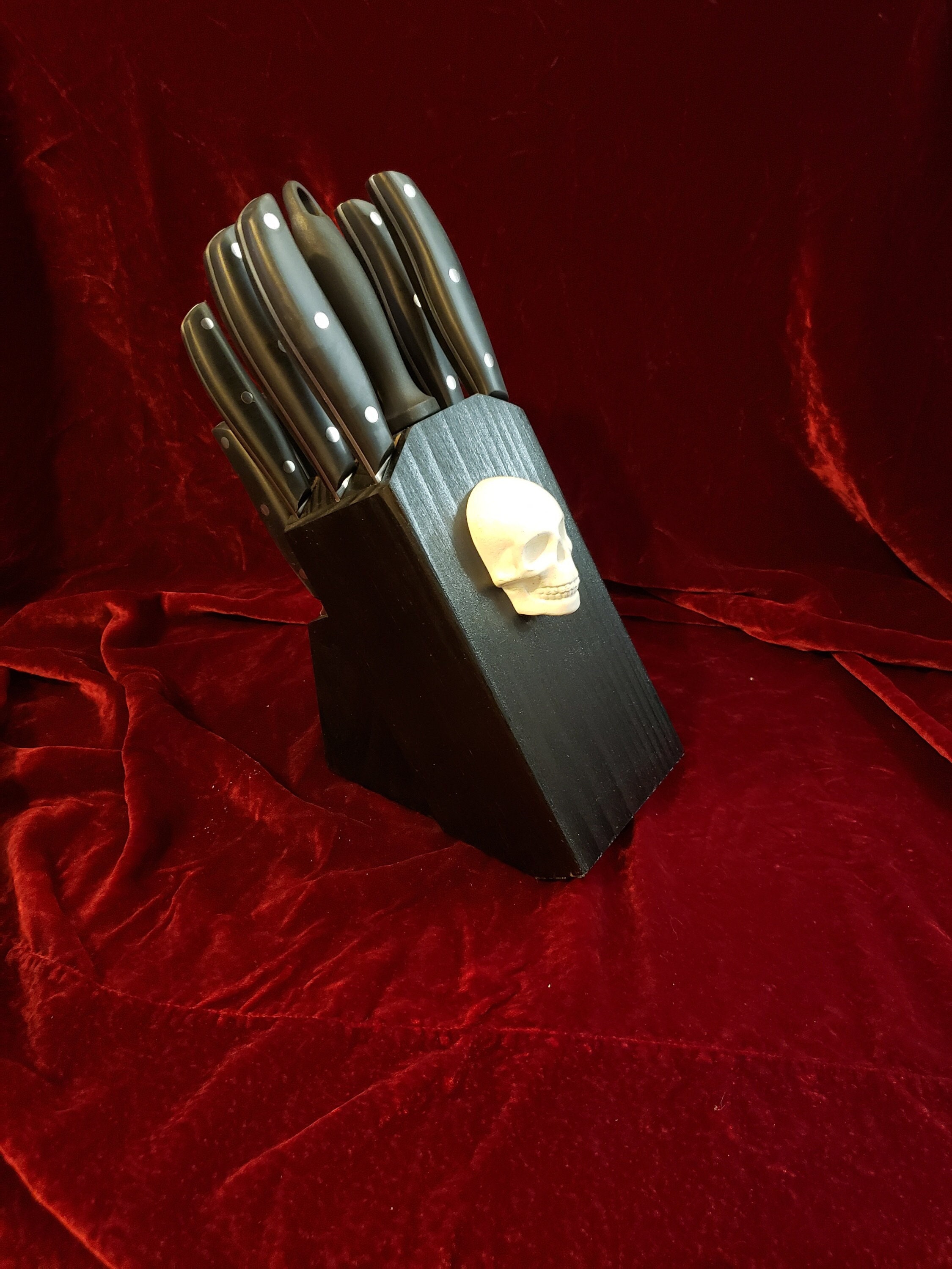 Black Skull Kitchen Knife Block Solid Hardwood Goth Creepy Gothic Knife  Holder 