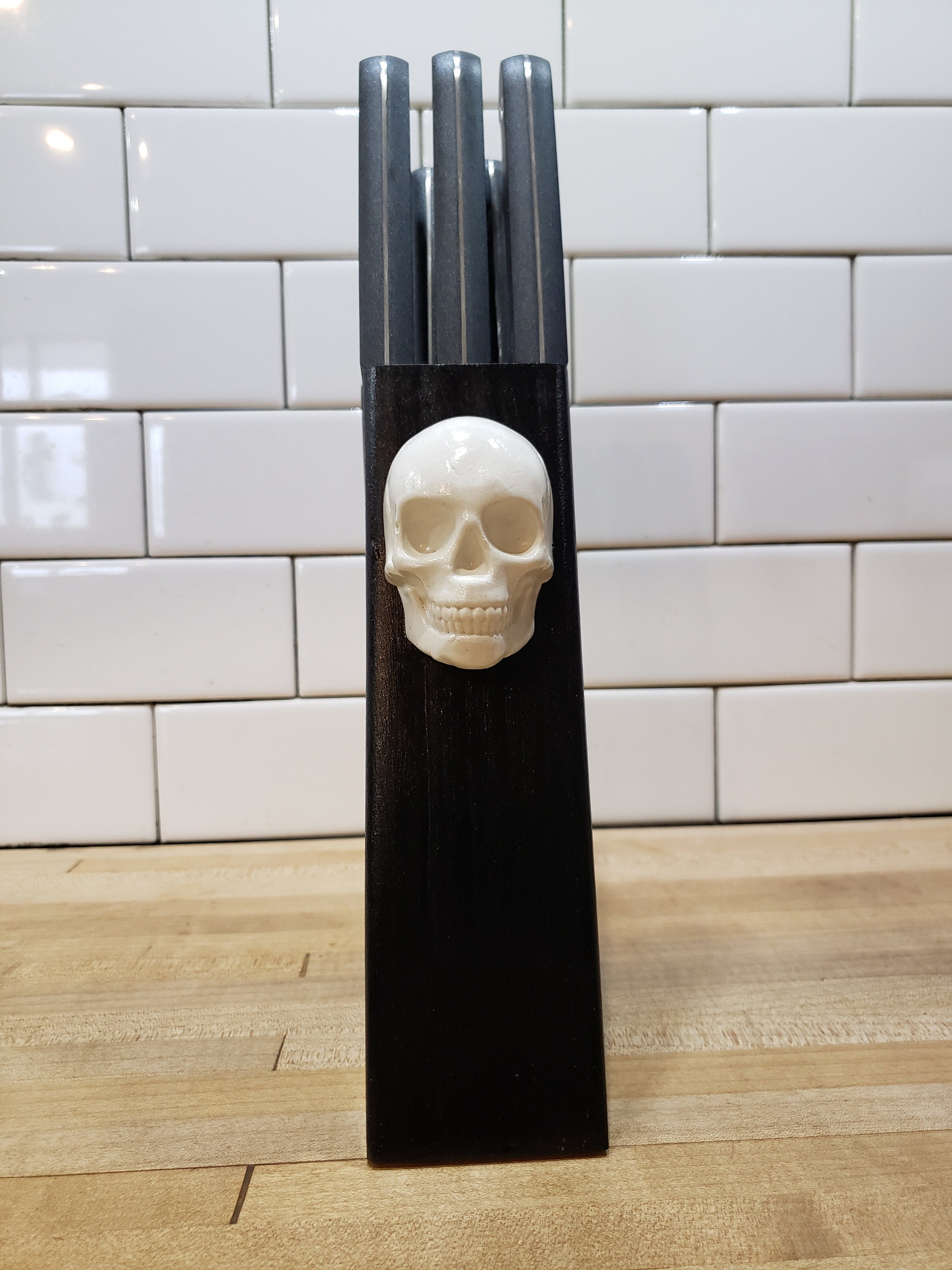 White Skull Kitchen Knife Block With Knives Solid Wood Goth Etsy