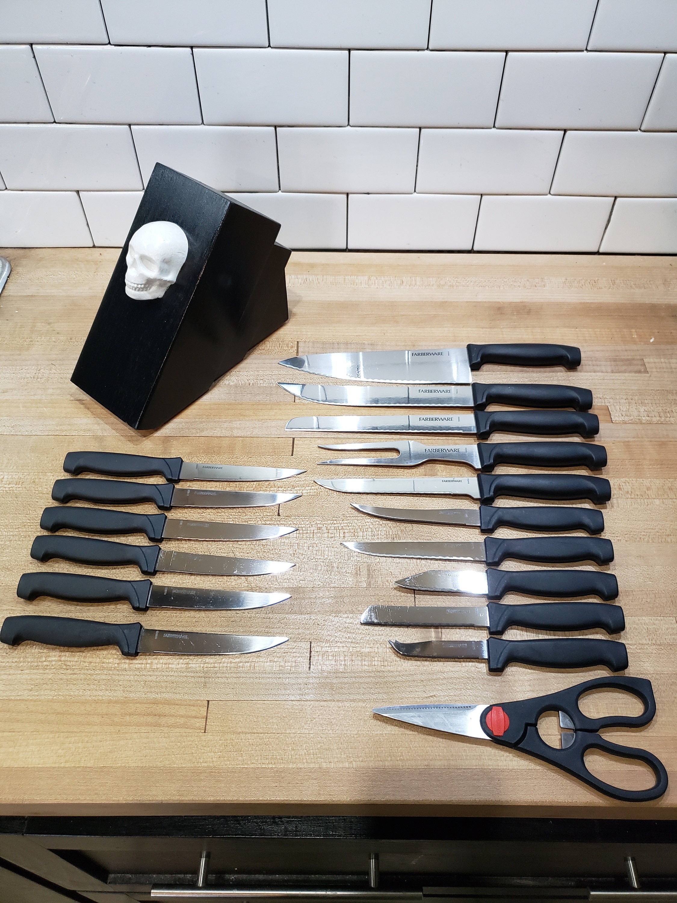 White Skull Kitchen Knife Block Available With or Without Knives Solid  Hardwood Goth Creepy Gothic Knife Holder 
