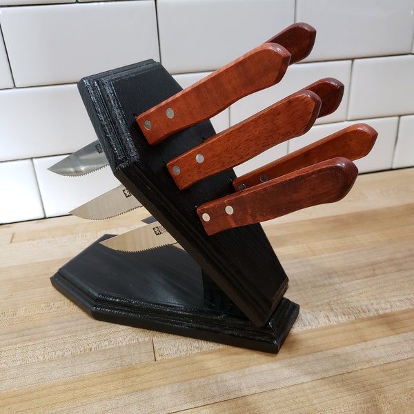 Coffin Steak Knife block Solid hardwood 6 Wood Handle Knifes included Gothic Goth Horror Graveyard Creepy Knife Holder Wood Knives