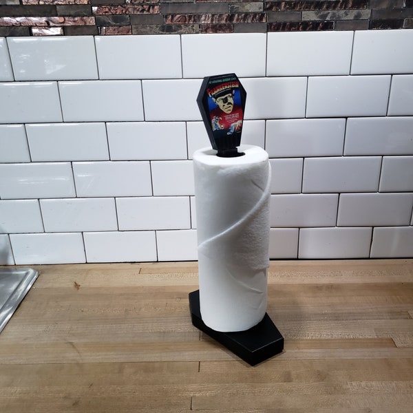 Coffin paper Towel Holder Table Kitchen Handmade Goth Halloween Haunted home  Macabre Décor Horror movie poster Frankenstein Dracula