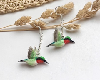 Hummingbird dangle earrings, small bird earrings, polymer clay jewelry, hummingbird jewelry, flying birds earrings, flying hummingbird