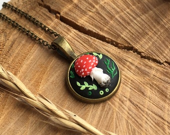 Cottagecore mushroom necklace, Whimsical jewelry, Small mushroom pendant, Amanita jewelry