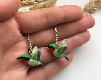 Hummingbird dangle earrings, small bird earrings, polymer clay jewelry, hummingbird jewelry, flying birds earrings, flying hummingbird