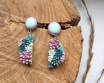 Succulent mint pink dangle earrings, plant lover gift, polymer clay jewelry